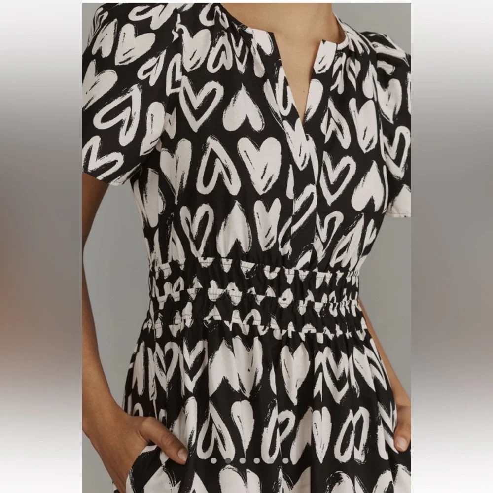 Anthropologie The Somerset Maxi Dress Smocked Heart Edition Poplin Black White - Picture 2 of 7